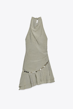 ZARA КОРОТКОЕ ПЛАТЬЕ-ХАЛТЕР В ПОЛОСКУ С ПОЯСОМ, БЕЖЕВО-КОРИЧНЕВЫЙ