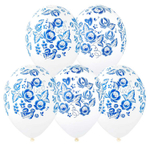 Шар латексный 35см Синие Узоры (Белый)