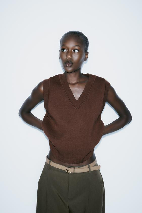 ZARA ОДНОТОННЫЙ ТРИКОТАЖНЫЙ ЖИЛЕТ, КОРИЧНЕВЫЙ