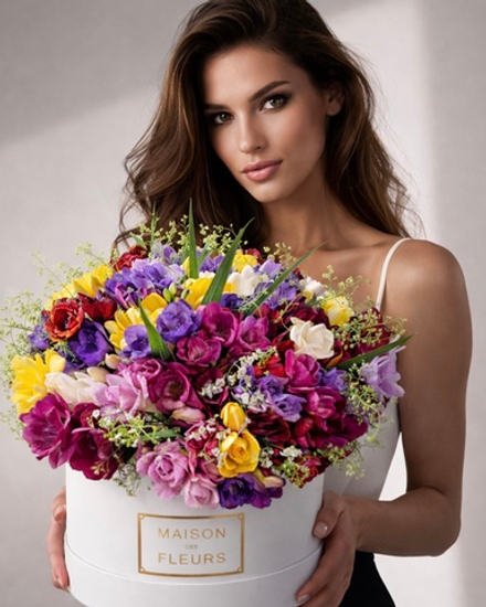 Ароматная фрезия в белой подарочной коробке "Maison des fleurs"