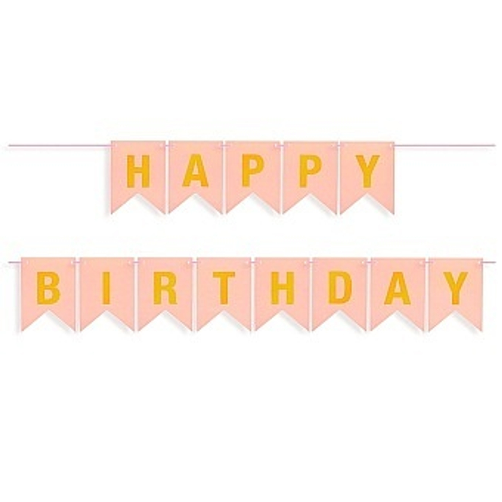 Гирлянда Флажки, Happy Birthday, Розовый/Золото, Металлик, 500 см, 16*12 см.