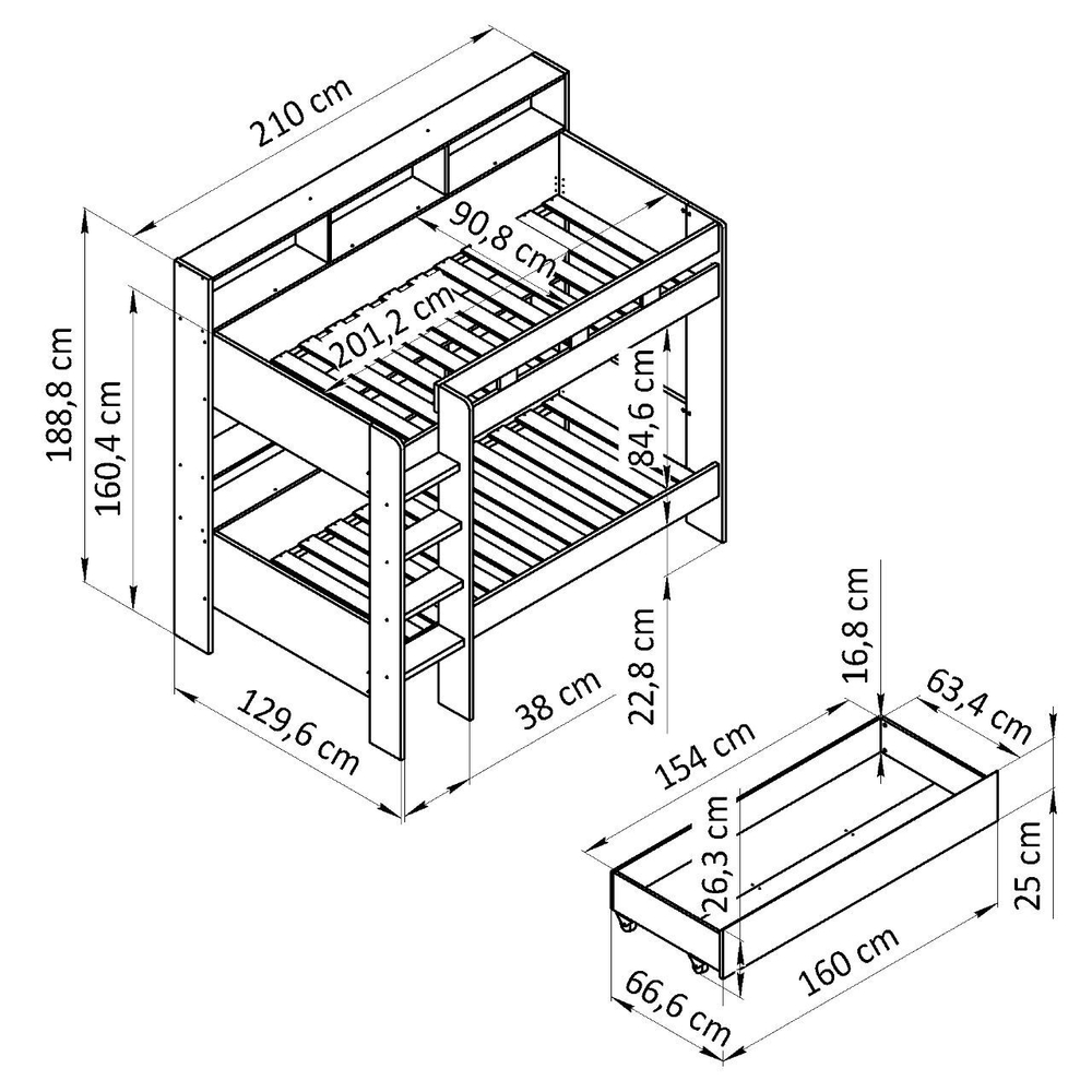 Кровать двухъярусная Гаус 90х200 с ящиком, белый