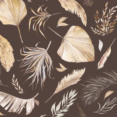 Watercolor Bohemian seamless pattern with dried tropical leaves