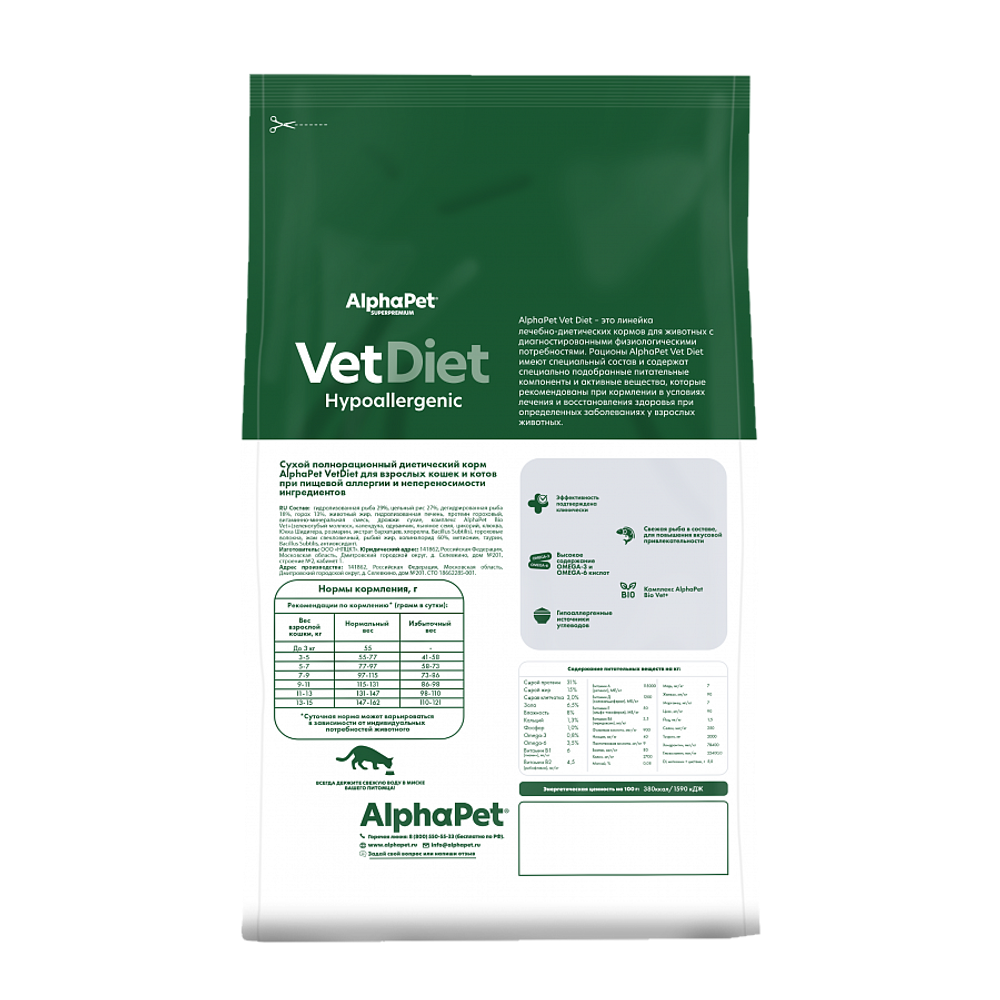 Уценка! Срок 06.08.26/ Сухой диетический корм AlphaPet VetDiet HYPOALERGENIC для взрослых кошек и котов при пищевой аллергии и непереносимости ингредиентов