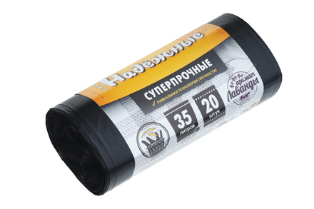 Мешки для мусора Суперпрочные 35л 20 шт/уп 19мкм 50смх60см черные с ушками вес рулона 200г вес пакета 10г ПВД дно плоское со швом без боковых фальцев Ромашка ВЛ-033-20У