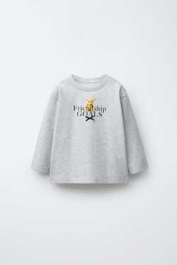 ZARA ФУТБОЛКА С АНИМАЛИСТИЧЕСКИМ ПРИНТОМ И БАНТИКОМ, СЕРЫЙ МЕЛАНЖ