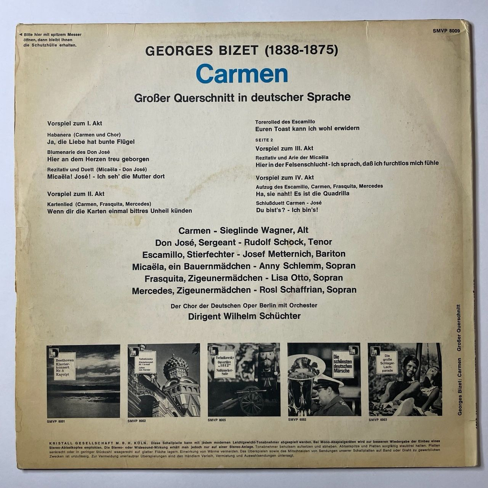 Винтажная виниловая пластинка LP Georges Bizet Жорж Бизе Sieglinde Wagner, Rudolf Schock, Carmen Кармен (Germany 1965)