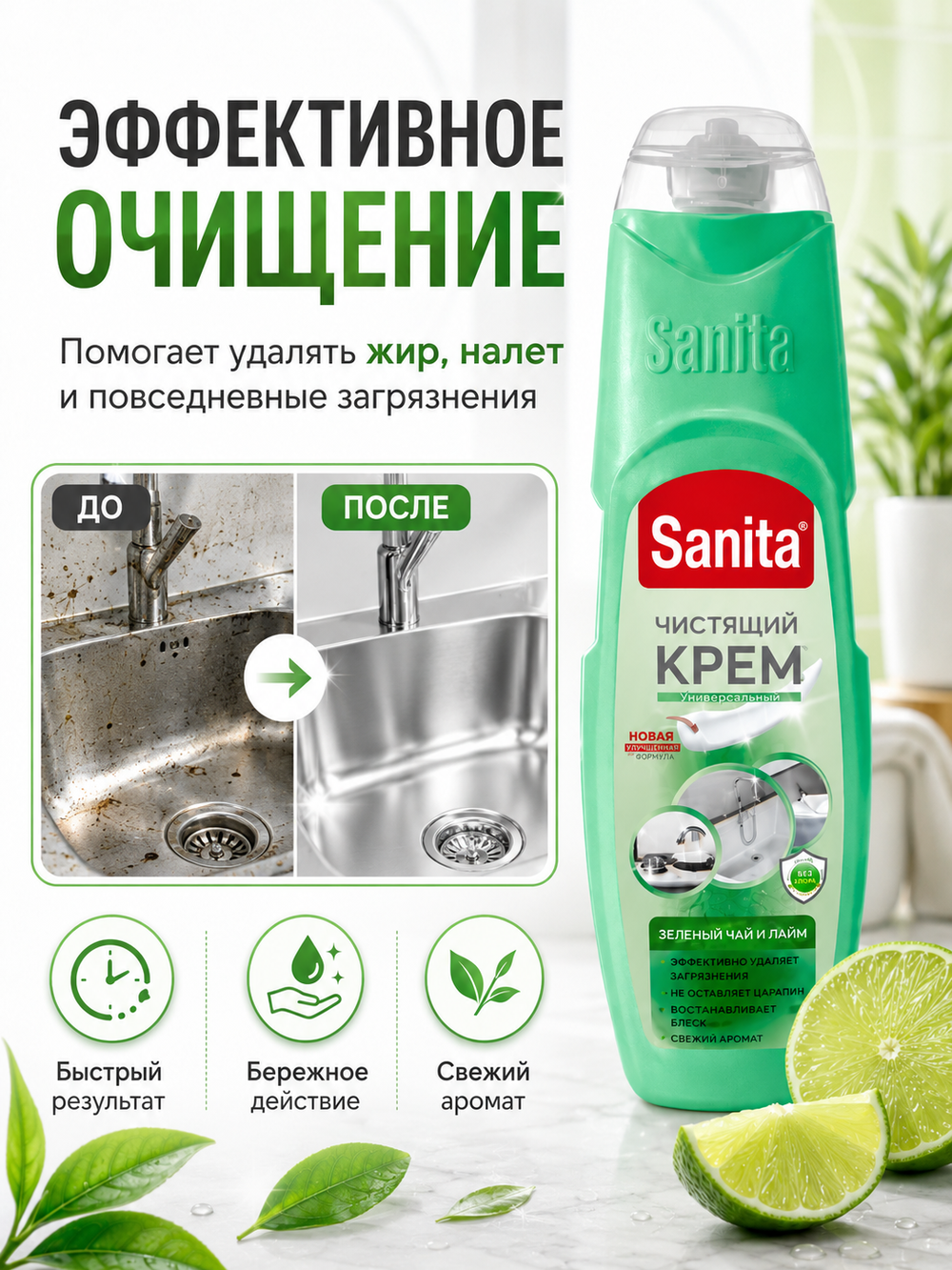 Чистящее средство универс.крем Sanita Зеленый чай и лайм 600мл