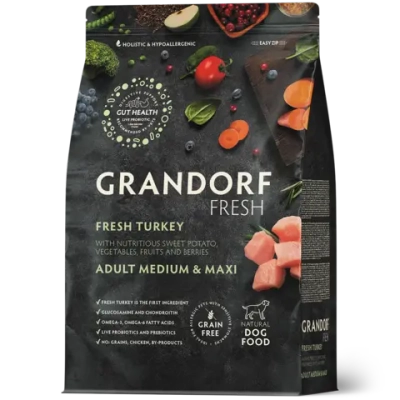 Grandorf Fresh, Fresh Turkey, Adult Medium & Maxi для собак средних и крупных пород (Свежее мясо индейки с бататом)