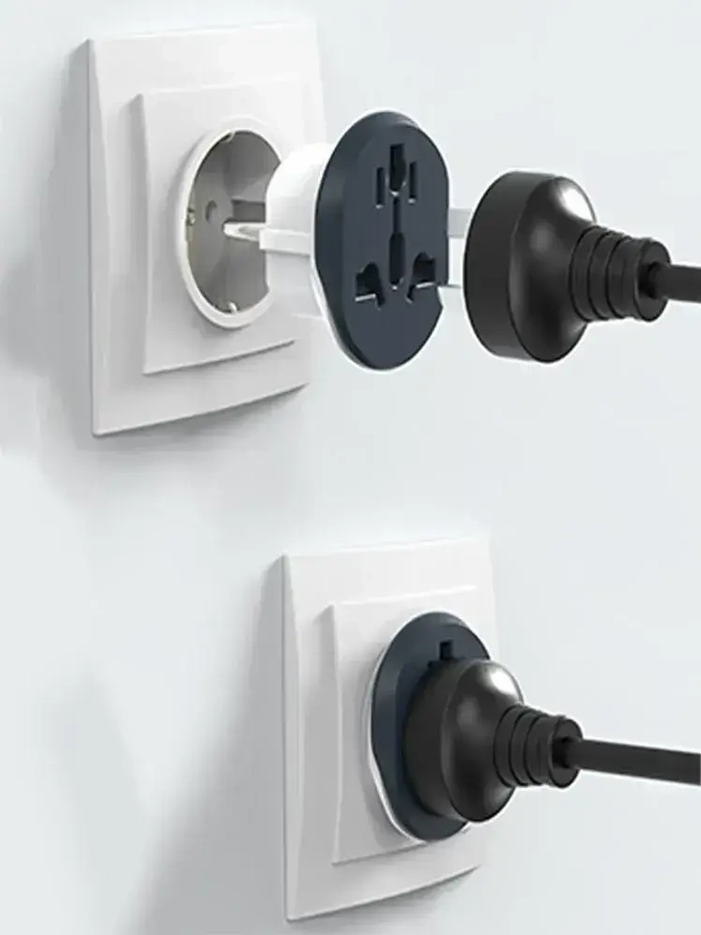 Универсальный адаптер-переходник с китайской вилки на российскую или евровилку, стильный чёрно-белый дизайн, компактный сетевой аксессуар для путешествий и дома