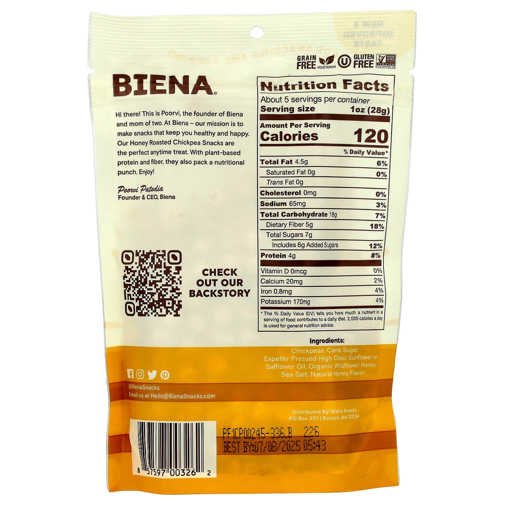 BIENA, Снеки из нута, обжаренный с медом, 142 г (5 унций)