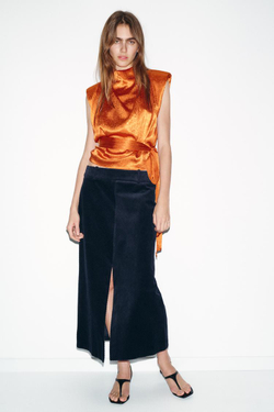 ZARA ПРЯМАЯ ЮБКА МИДИ ИЗ ВЕЛЬВЕТА, МОРСКОЙ СИНИЙ