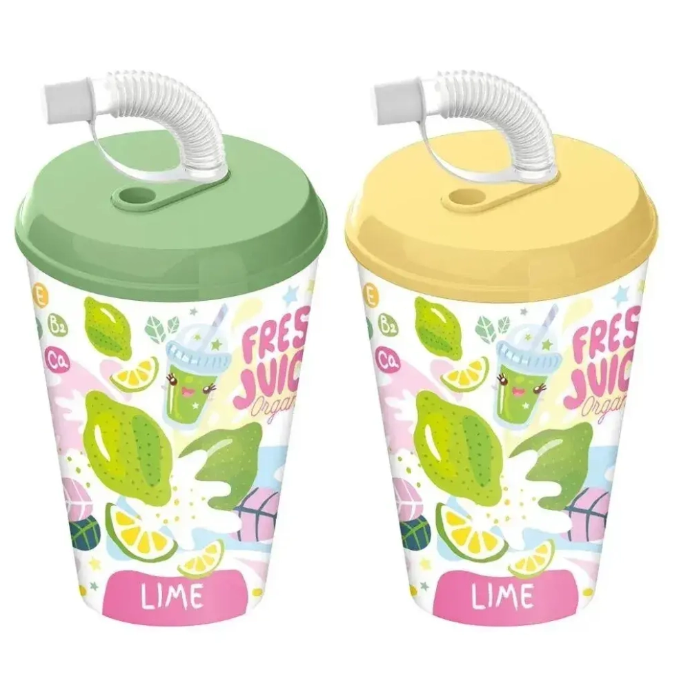 Стакан с крышкой 420мл с декором Fresh Juice с трубочкой c колпачком (микс)