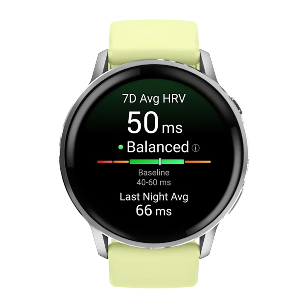 Спортивные часы Garmin Venu 4, 45 мм, силиконовый ремешок лимонного цвета Безель из нержавеющей стали серебристого цвета, корпус серебристого цвета, AMOLED-дисплей со стеклом Gorilla Glass. Ремешок с классической застёжкой — на запястье обхватом 135–200 м