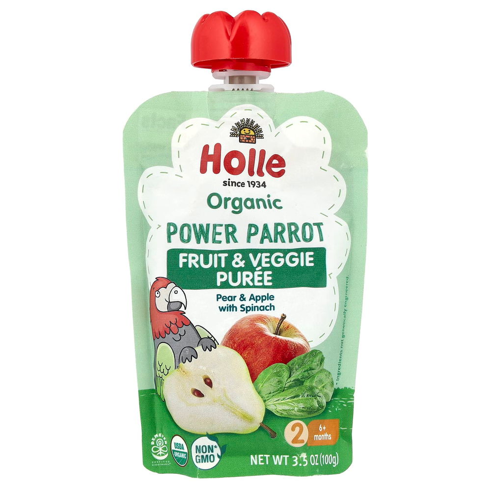 Holle, Органическое фруктовое и овощное пюре, Power Parrot, от 6 месяцев, груша и яблоко со шпинатом, 100 г (3,5 унции)