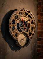 Настенные часы WOODandROOT Automaton 1722 в интерьере лофт — барометр, шестерёнки и гравировка Automaton в тёплом свете