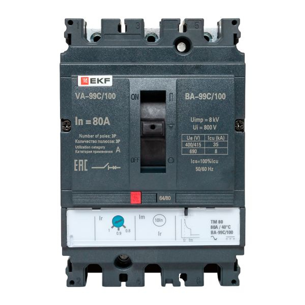 Выключатель автоматический в литом корпусе ВА-99C 100/80А 3P 35кА с термомагнитным расцепителем EKF