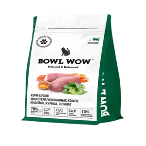 Сухой корм полнорационный BOWL WOW для стерилизованных кошек с индейкой, курицей и шпинатом