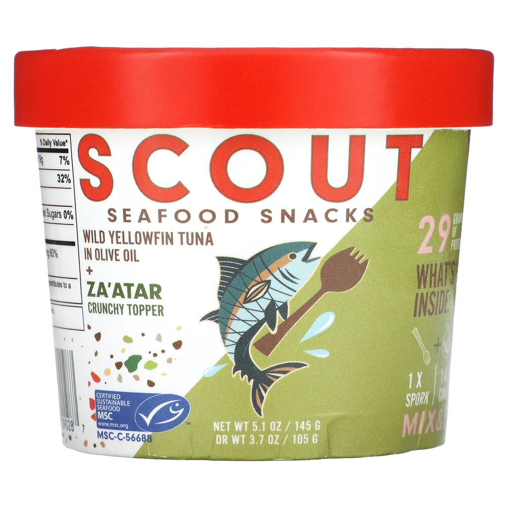 Scout, Seafood Snacks, дикий желтоперый тунец в оливковом масле и хрустящий топпер Za'Atar, 145 г (5,1 унции)