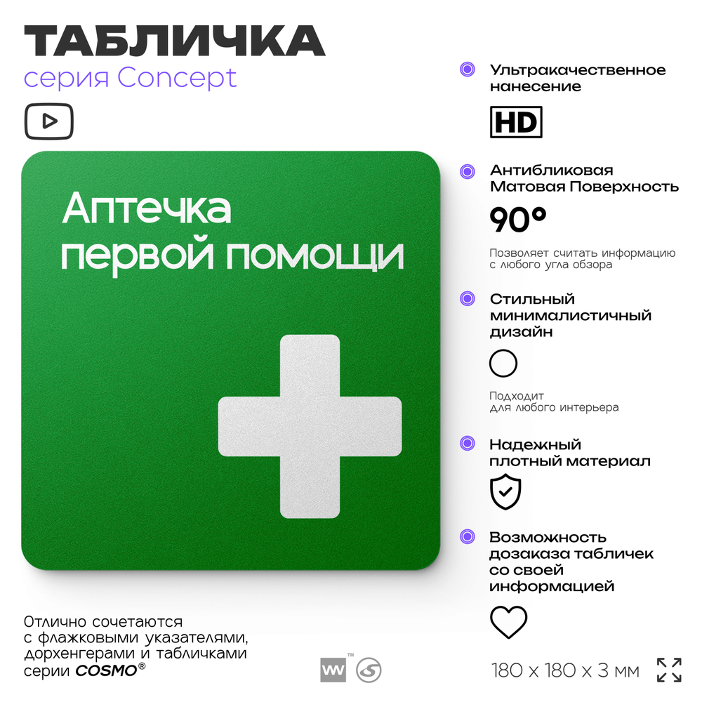 Табличка Аптечка первой помощи, на дверь и стену, навигационная и информационная, серия CONCEPT, 18х18 см, Айдентика Технолоджи