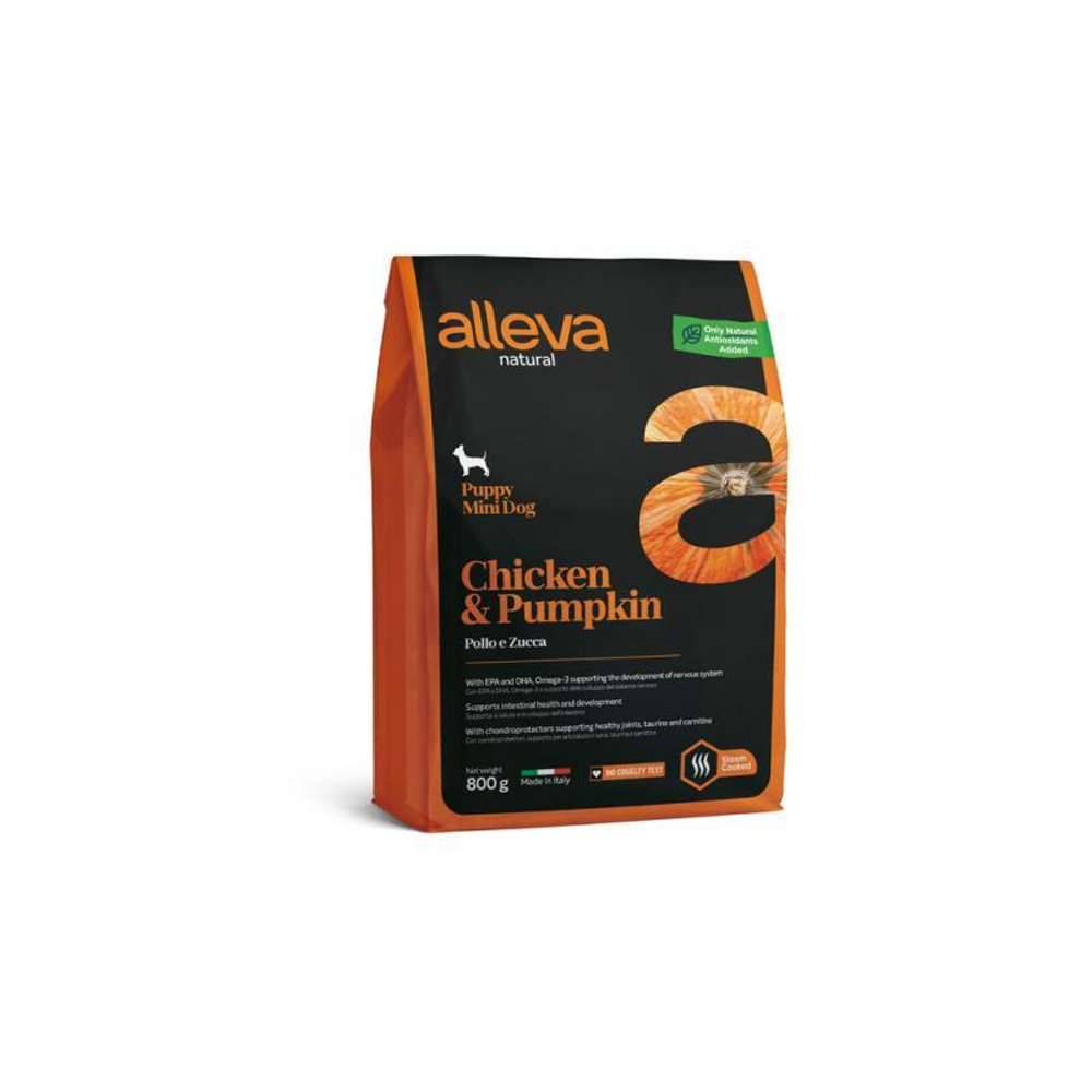 Низкозерновой корм Alleva Natural, для щенков мелких пород, курица/тыква, 800 г