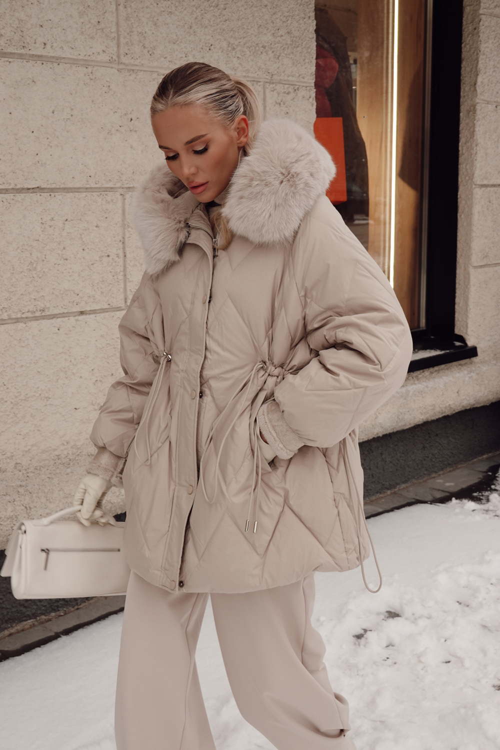 Пуховик комбинированный с элементами дубленки