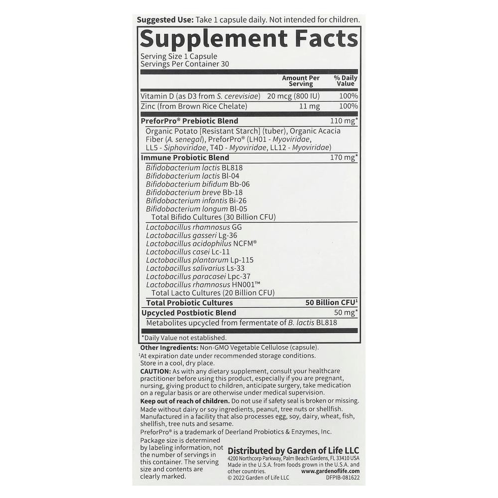 Garden of Life, Probiotics Immune, 30 вегетарианских капсул
