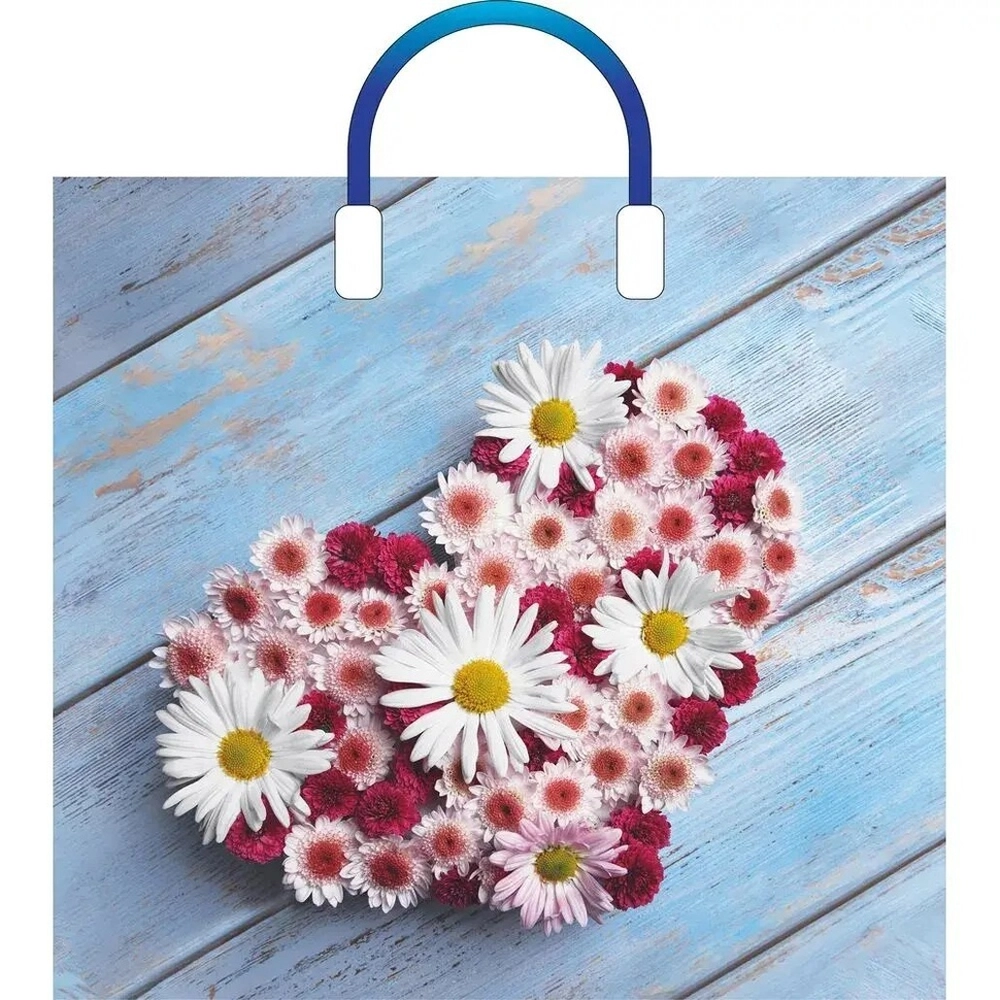 Пакет ПЭ с пластмассовыми ручками 38+3см Ромашковое сердце Глянцевый (комплект 10 шт)