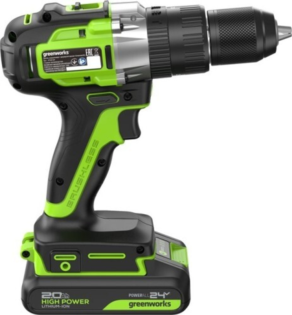 Дрель-шуруповерт аккумуляторная GREENWORKS GD24DD60 ударная, 24V, 2 АКБ 2Ач и ЗУ 3704107CUC
