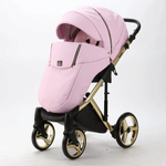 Детская коляска Adamex Chantal Special Edition Deluxe 3 в 1 C132-B (РОЗОВ.ЗЕФИР.КОЖА/ ЧЕРН.РИФЛЕН. ДНО + ЗОЛОТ РАМА)