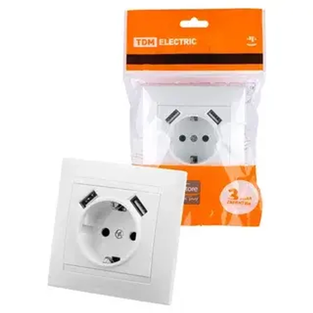 Розетка 2П+З 16А 250В + 2 USB порта 2,1А 5В белая "Лама" TDM SQ1815-0042