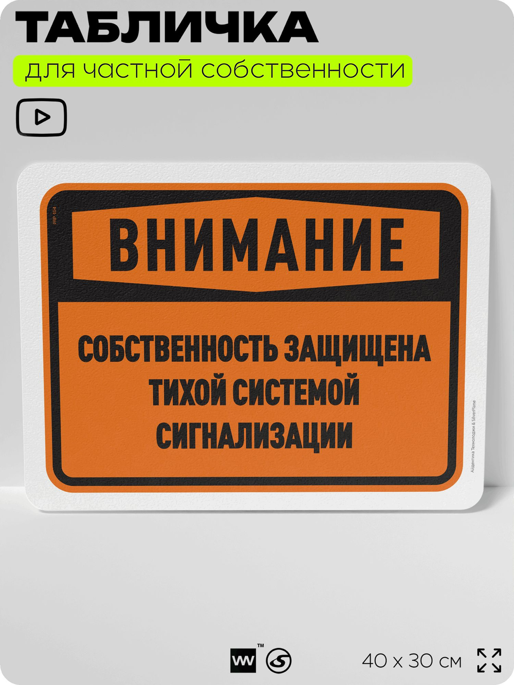 Табличка для частной территории "Внимание, собственность защищена системой сигнализации", на дом, для участка, организаций и частных территорий, 40х30 см, Silver Plane x Айдентика Технолоджи