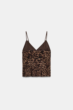 ZARA ТОП ИЗ ПОЛУПРОЗРАЧНОЙ ТКАНИ С АНИМАЛИСТИЧЕСКИМ ПРИНТОМ, ЛЕОПАРДОВЫЙ/НЕЖНО-КОРИЧНЕВЫЙ
