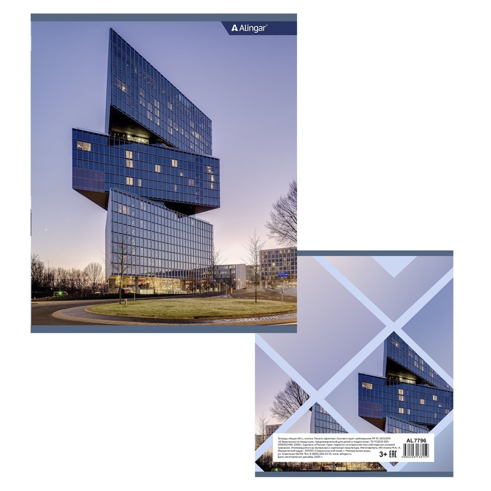Тетрадь 48л., А5, клетка, Alingar " Архитектура города", скрепка, мелованный картон, блок офсет, 4 дизайна в пленке т/у