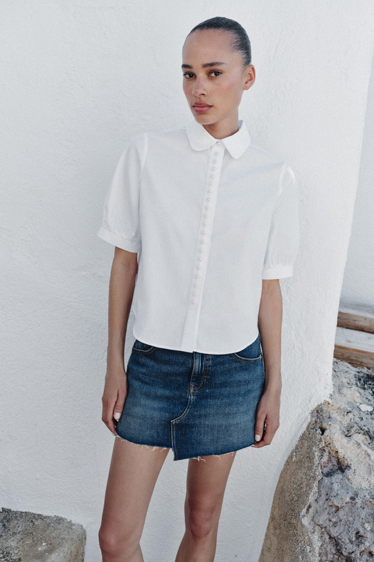 ZARA РУБАШКА С КОРОТКИМИ РУКАВАМИ И БУСИНАМИ, БЕЛЫЙ