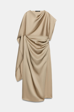 ZARA АТЛАСНОЕ ПЛАТЬЕ МИДИ С КЕЙПОМ, КАВА