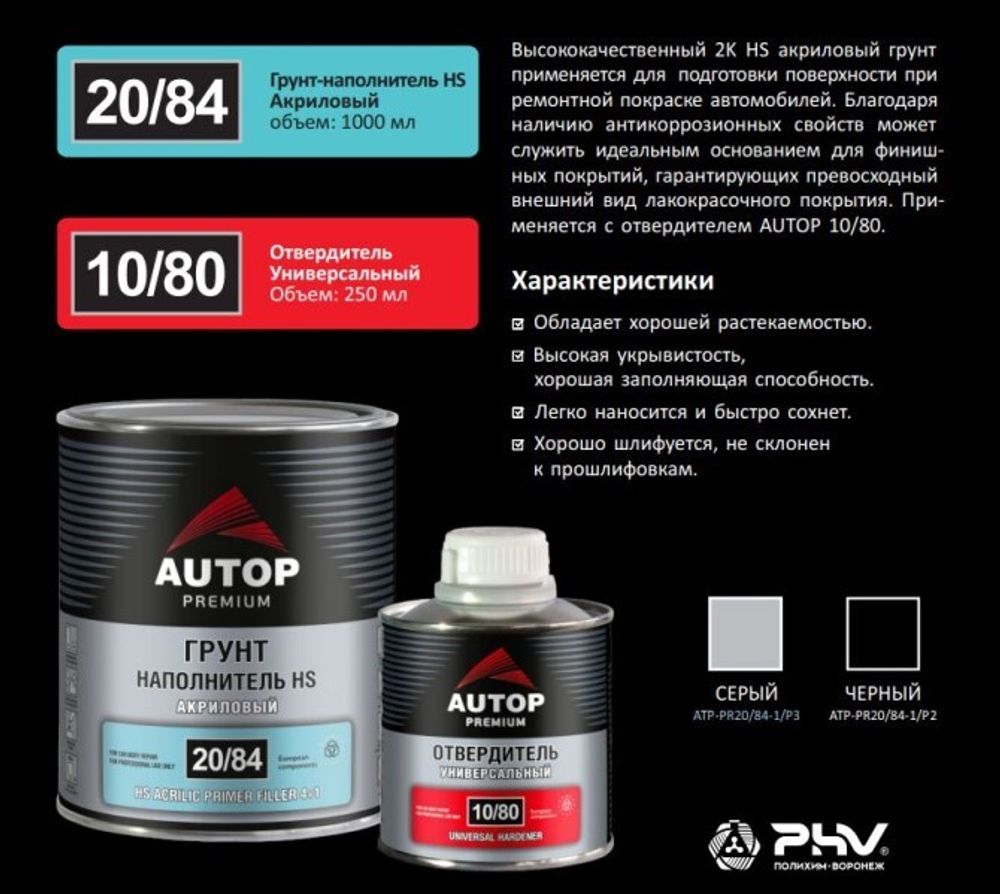 Грунтовка Акрил. 4+1 HS наполнитель Серая (1 л.+0,25 л. отверд.) (Autop Professional)