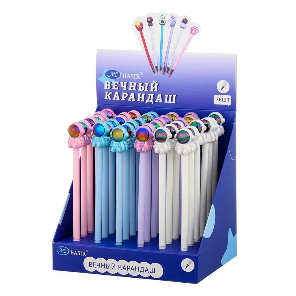 Карандаш вечный, чернографитный, Basir, серия "Космонавт", с фигуркой на наконечнике, 4 цвета корпуса, 36 шт