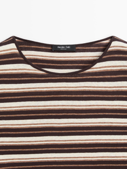 Massimo Dutti Футболка из смесового хлопка в полоску с длинными рукавами, коричневый