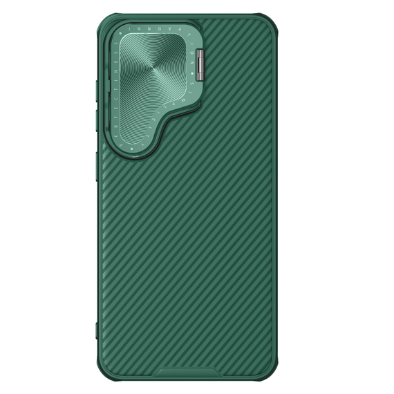 Чехол зеленого цвета (Deep Green) от Nillkin на Samsung Galaxy S24+ Plus с металлической откидной крышкой и поддержкой магнитной беспроводной зарядки MagSafe, серия CamShield Prop Magnetic Case