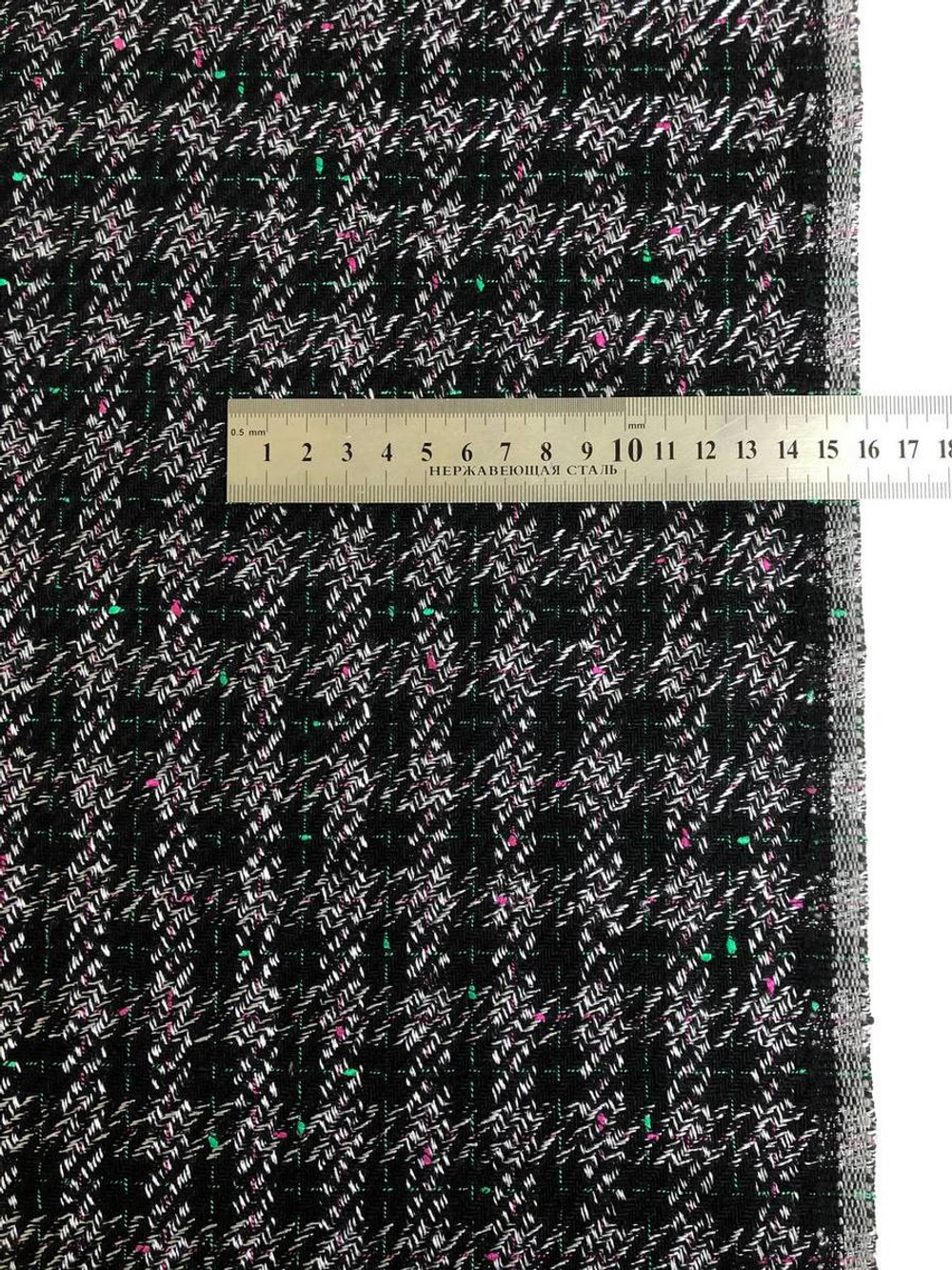 Костюмная шерсть принт клетка, черный, молочный