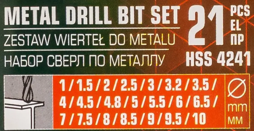 Набор сверл по металлу HSS 21пр.(1,1.5,2,2.5,3,3.2,3.5,4,4.5,4.8,5,5.5,6,6.5,7,7.5,8,8.5,9,9.5,10мм), в пластиковом футляре MEGATOOLS MT-924U21S