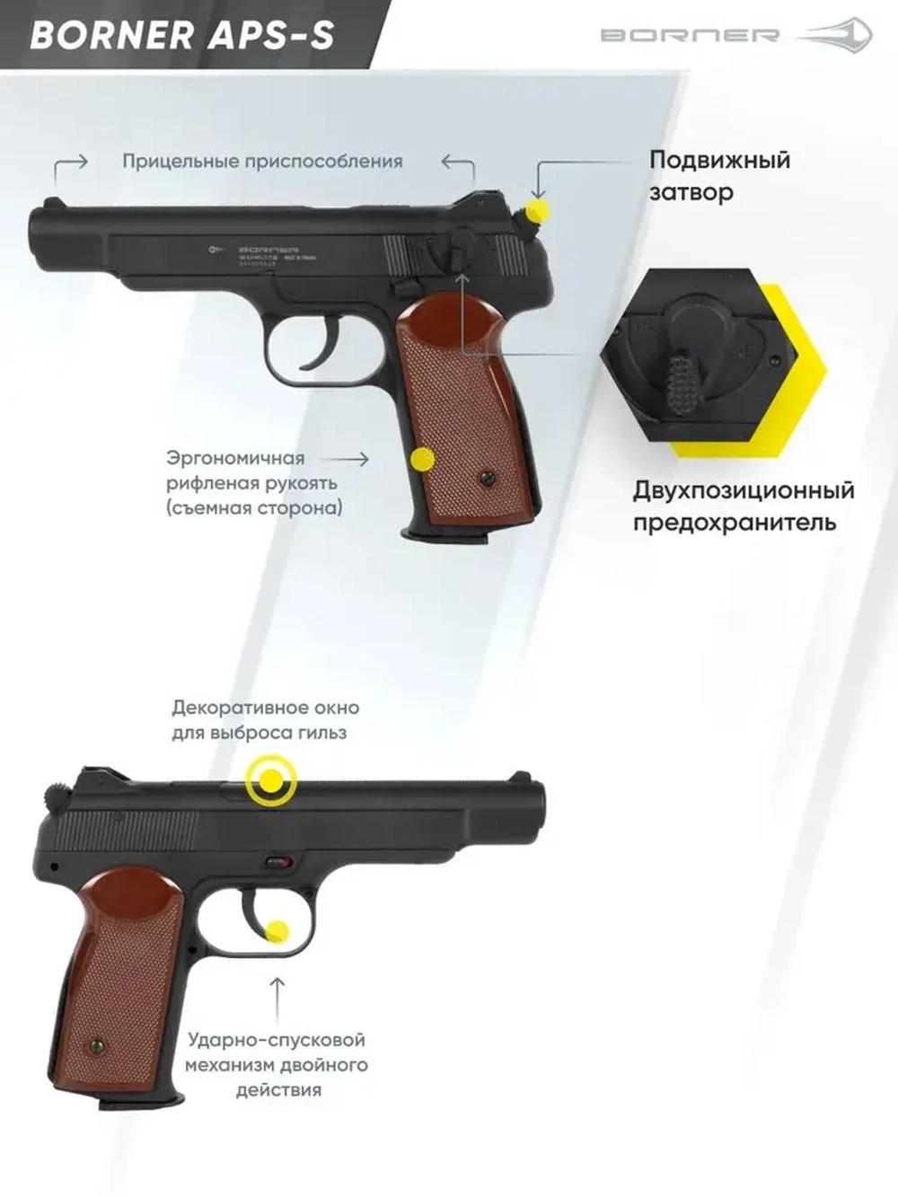 Пистолет пневматический Borner APS-S (Стечкин) Black, кал. 4,5 мм (пластик)