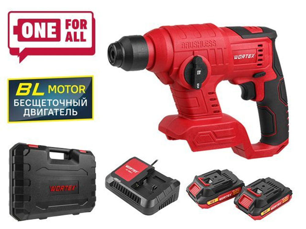 Аккум. перфоратор WORTEX CRH 1810 в чем. ALL1 XLT SET БЕСЩЕТ., 18 В, 1.2 Дж, 20 мм, 2х2 А*ч