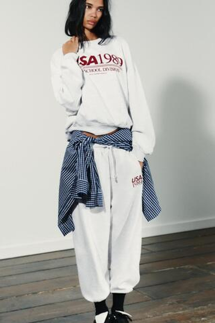 ZARA ТОЛСТОВКА С НАДПИСЬЮ, СЕРЫЙ МЕЛАНЖ