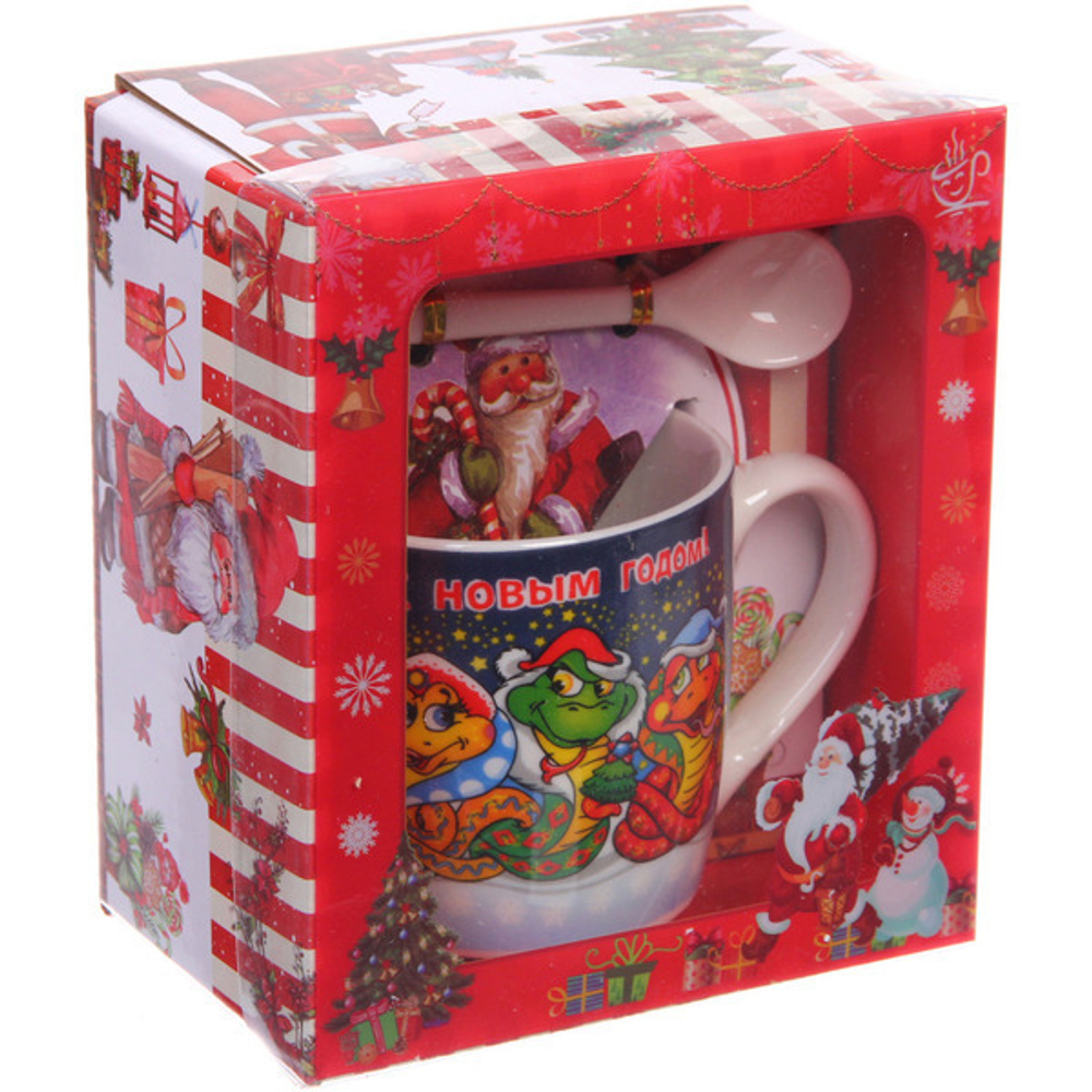 Кружка керамическая 200мл «Трио змеек» с ложкой в подарочной коробке