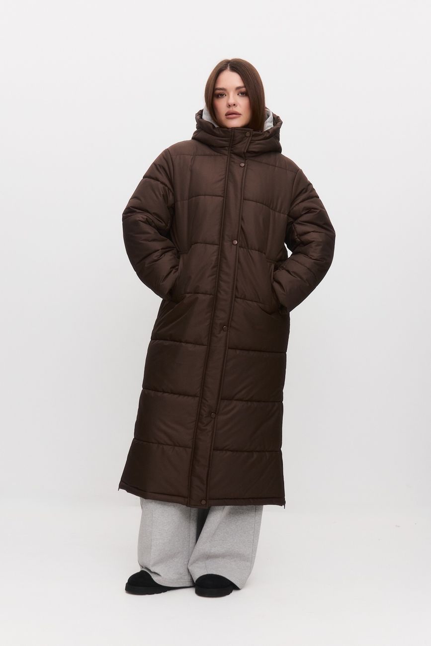Пуховик длинный стеганый, шоколад