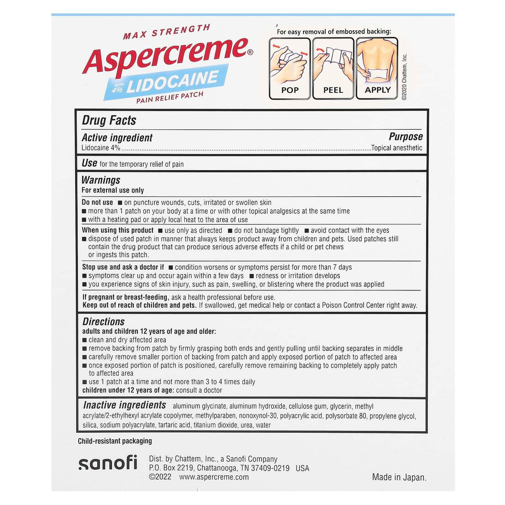 Aspercreme, Обезболивающий пластырь с 4% лидокаином, максимальная сила, без отдушек, 5 пластырей (10 см x 14 см) каждый