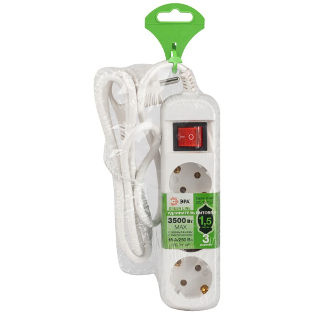 Удлинитель электрический ЭРА UDL-16-315-ES Greenline 3 розетки с заземлением с выключателем 1,5м ПВС 3x1мм2
