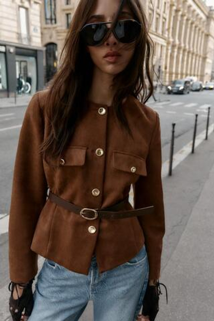 ZARA БЛЕЙЗЕР ИЗ ИСКУССТВЕННОЙ ЗАМШИ С ПОЯСОМ, КАРАМЕЛЬНЫЙ